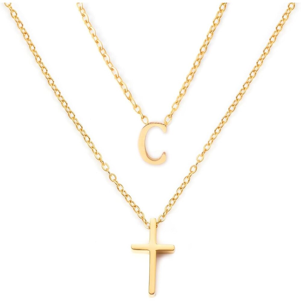 Personalized Layered Cross & Initial Necklace - D… - image 1
